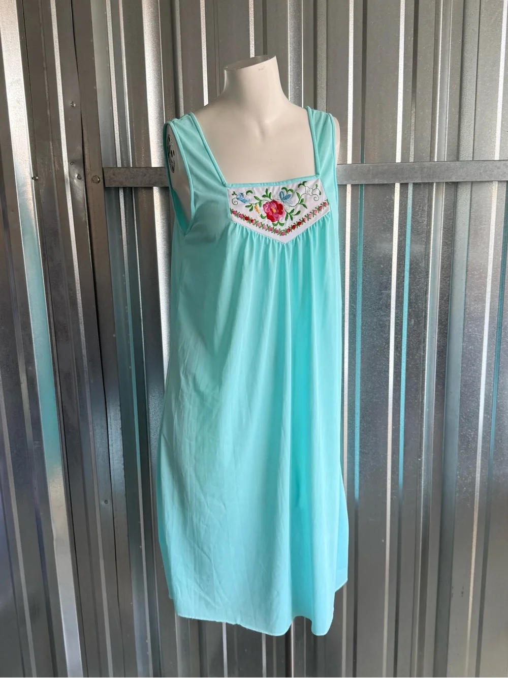 Vintage Aqua Embroidered Nightgown Maxi Dress Cottagecore Sleepwear - Picture 2 of 5